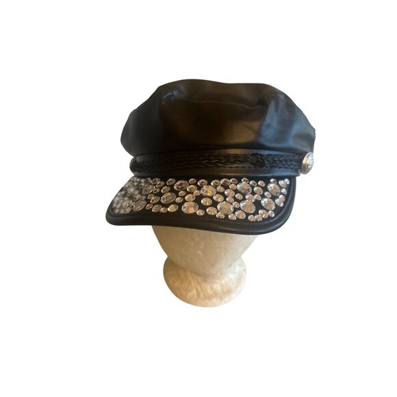 Black Faux Leather Rhinestone Embellished Baker Boy Hat Biker Moto One Size - Picture 1 of 5